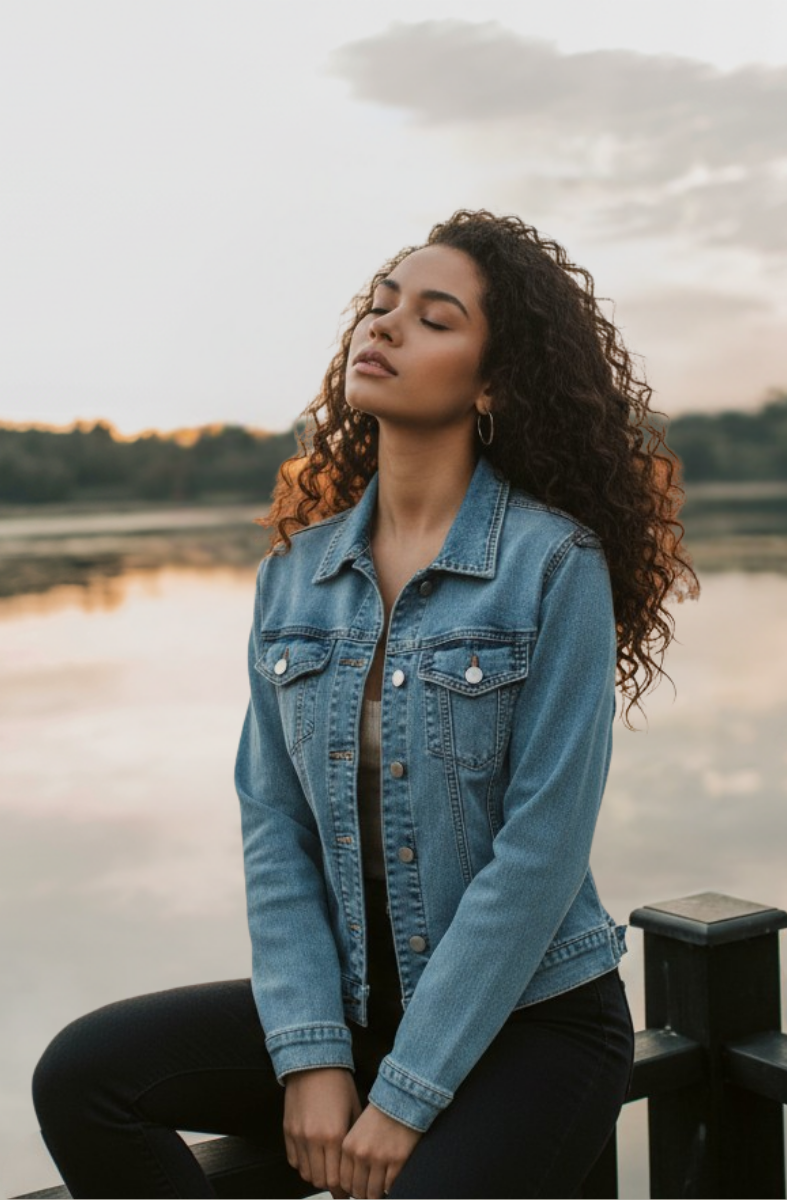 {"default":"A woman wearing a Glamaker denim jacket sits by the lake"}
