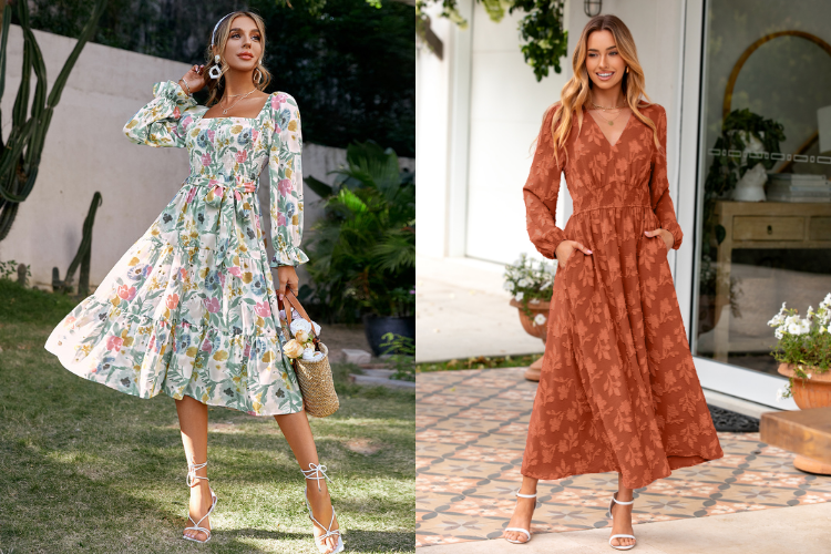 Floral Long Sleeve Wedding Guest Midi dress