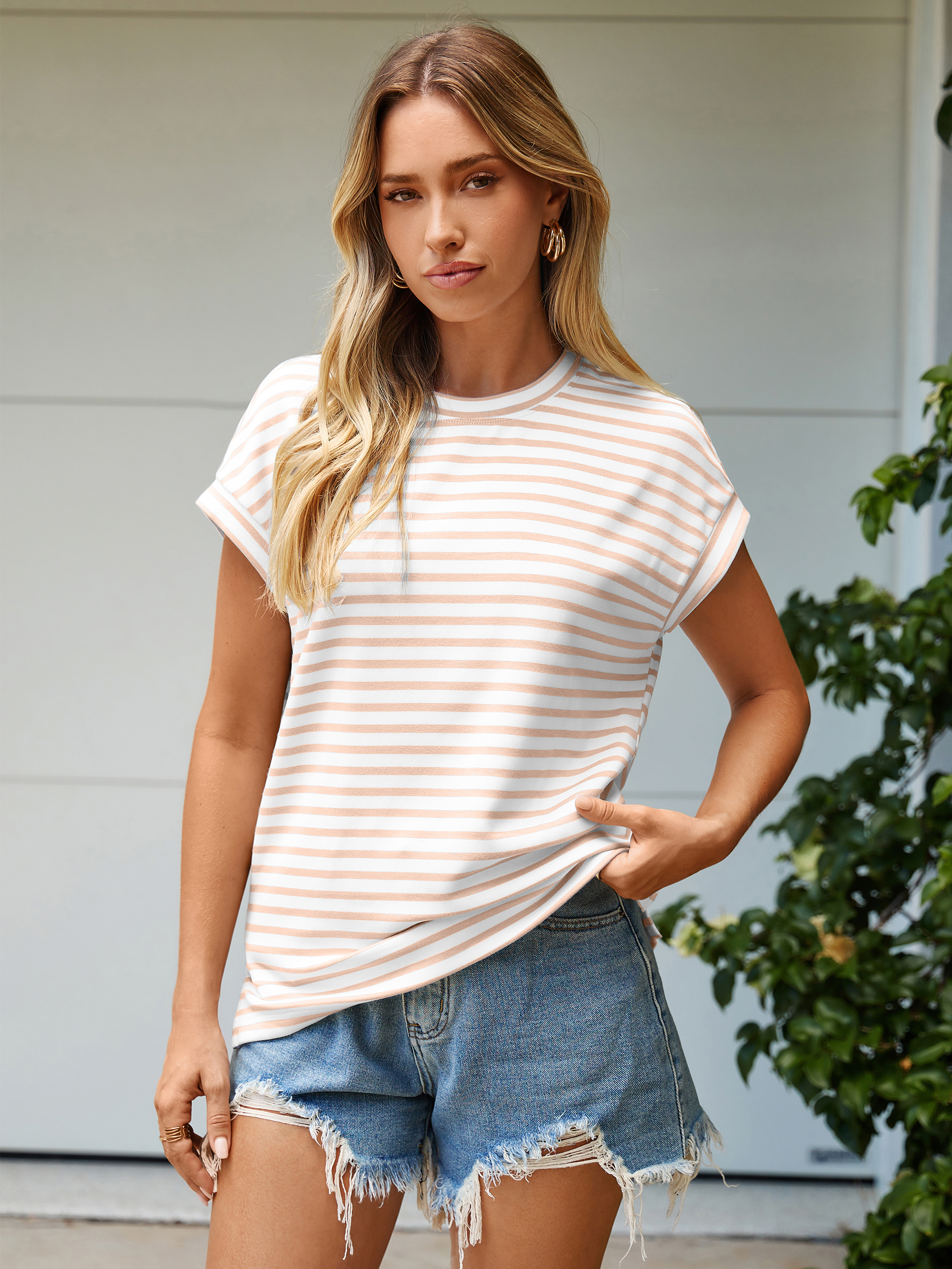 Striped Round Neck Cap Sleeve T-Shirt - Khaki Striped
