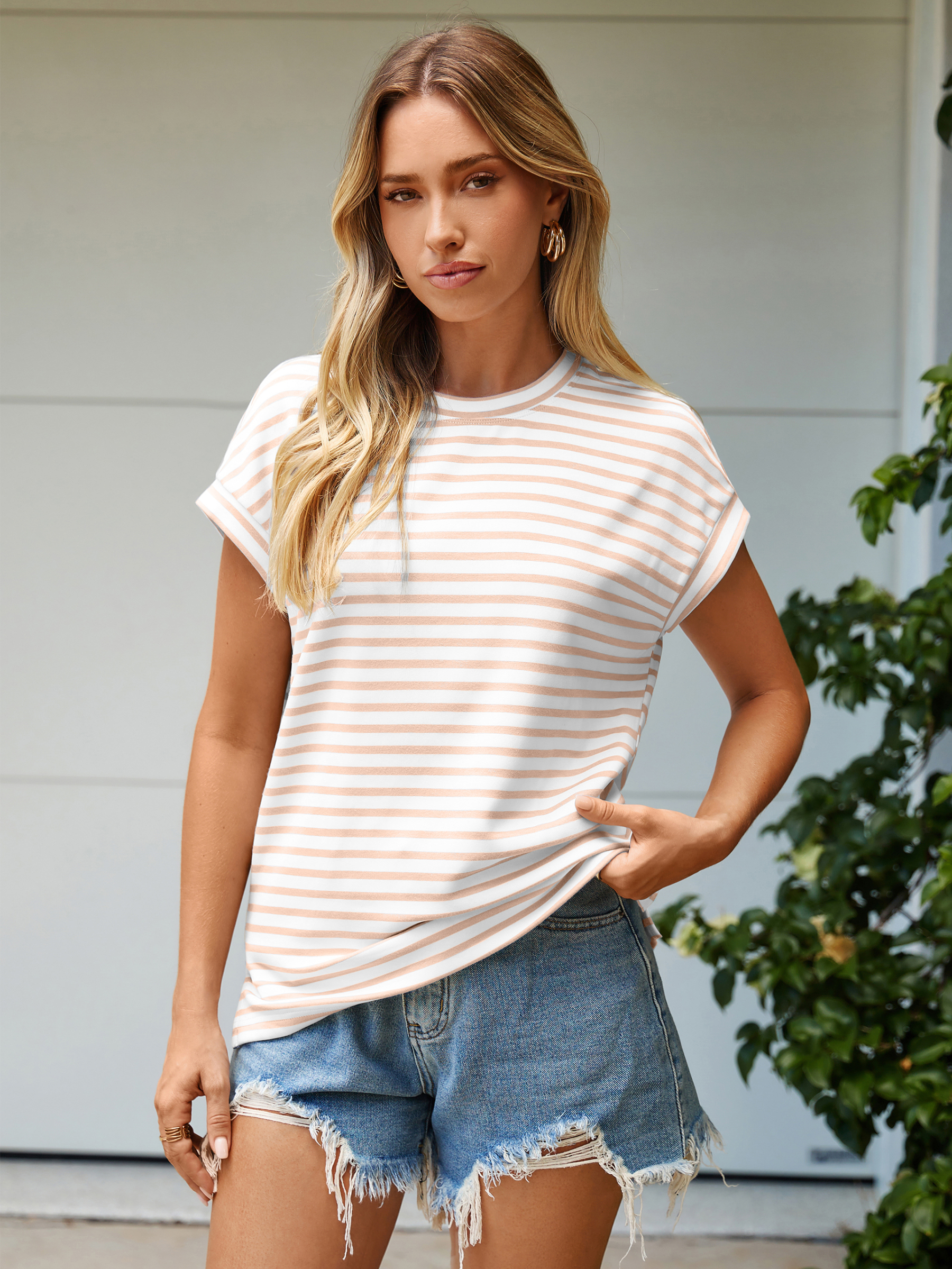 Striped Round Neck Cap Sleeve T-Shirt - Khaki Striped