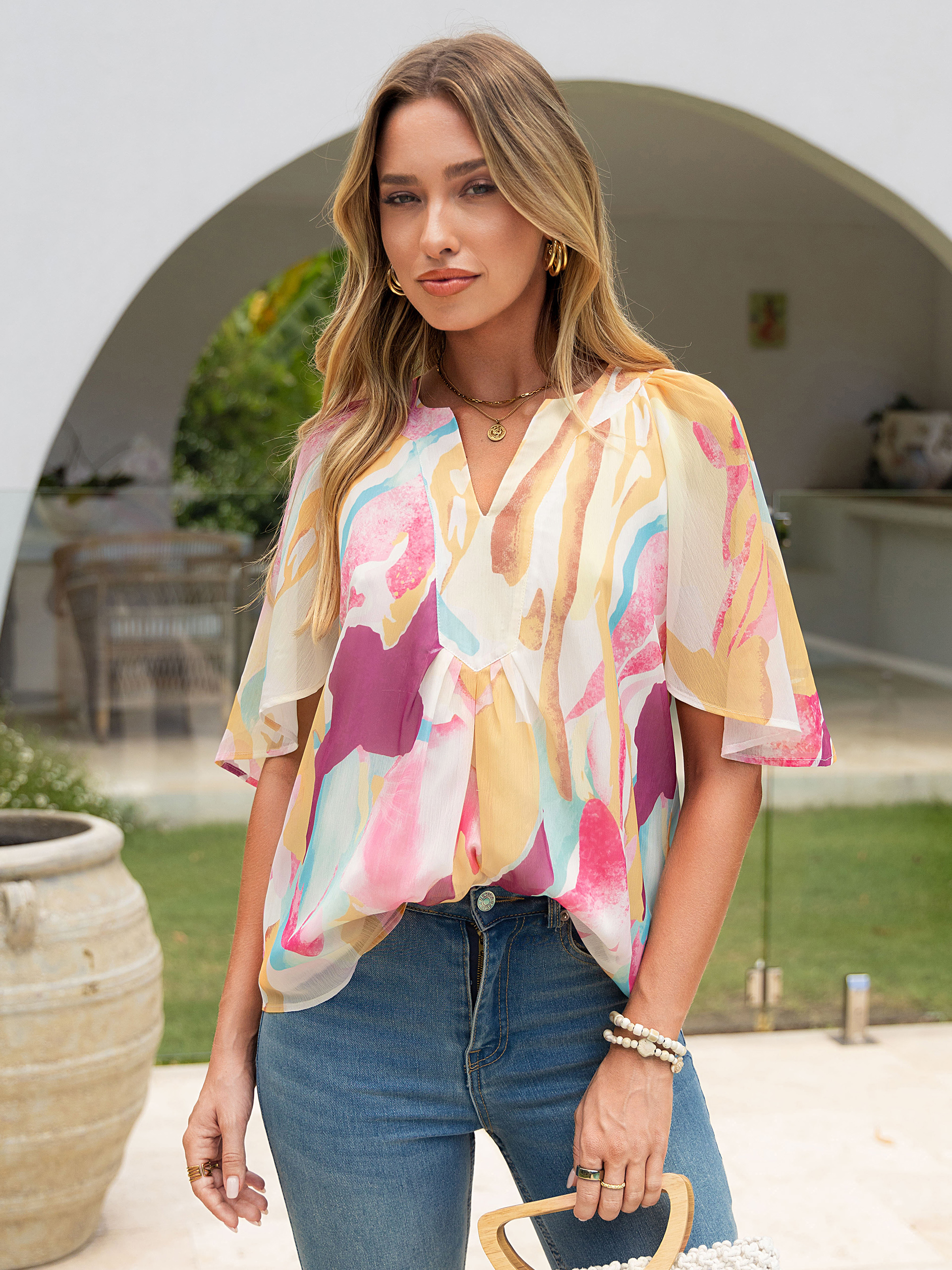 Floral V Neck Ruffle Sleeve Pleated Chiffon Blouse