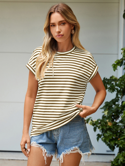 Striped Round Neck Cap Sleeve T-Shirt - Coffee Striped