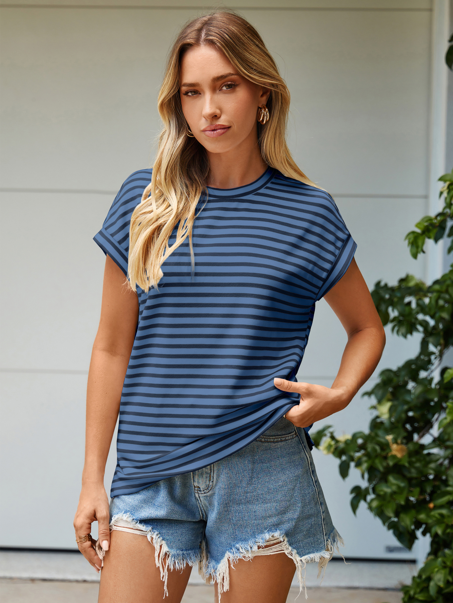Striped Round Neck Cap Sleeve T-Shirt - Navy Blue Striped
