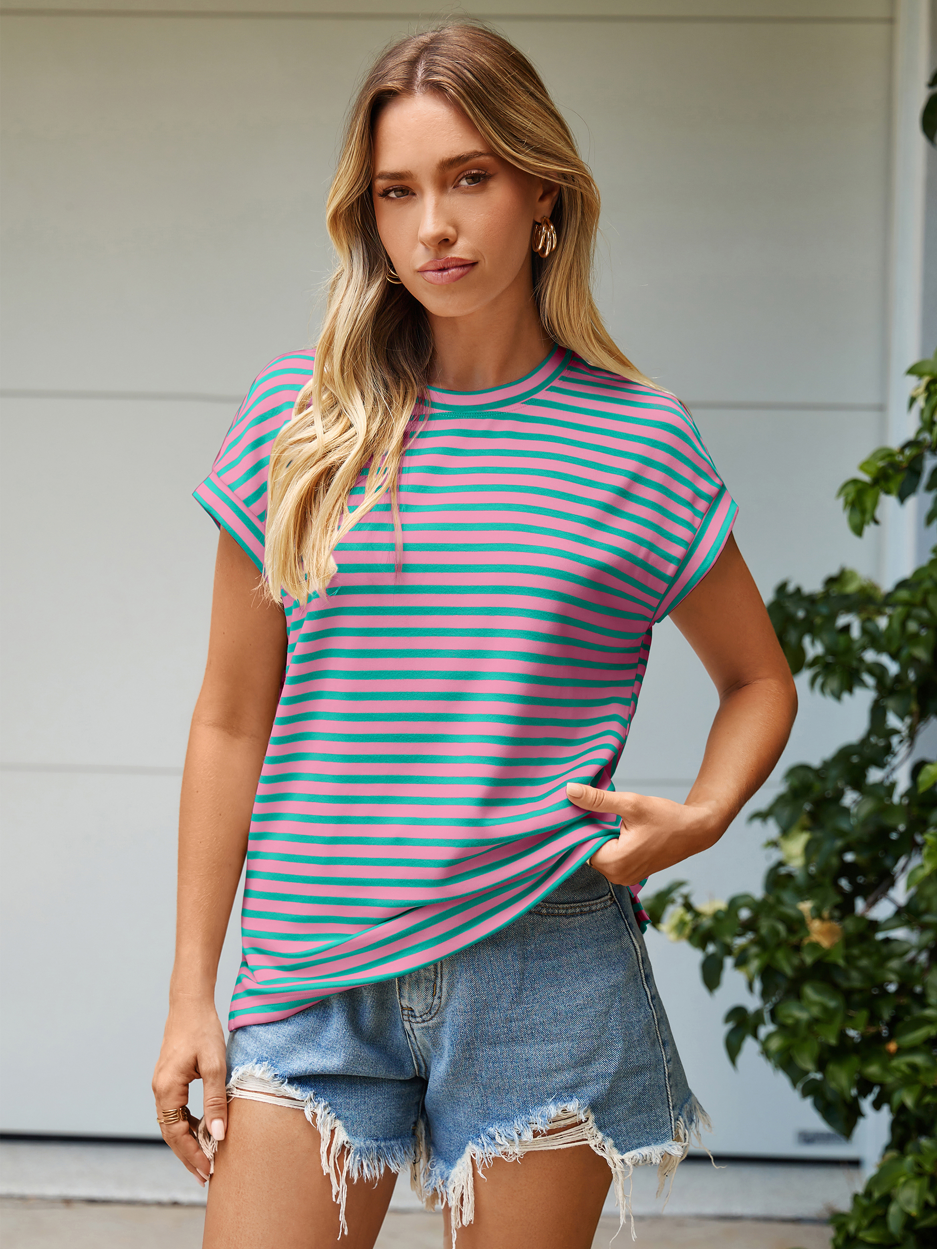 Striped Round Neck Cap Sleeve T-Shirt - Green Striped