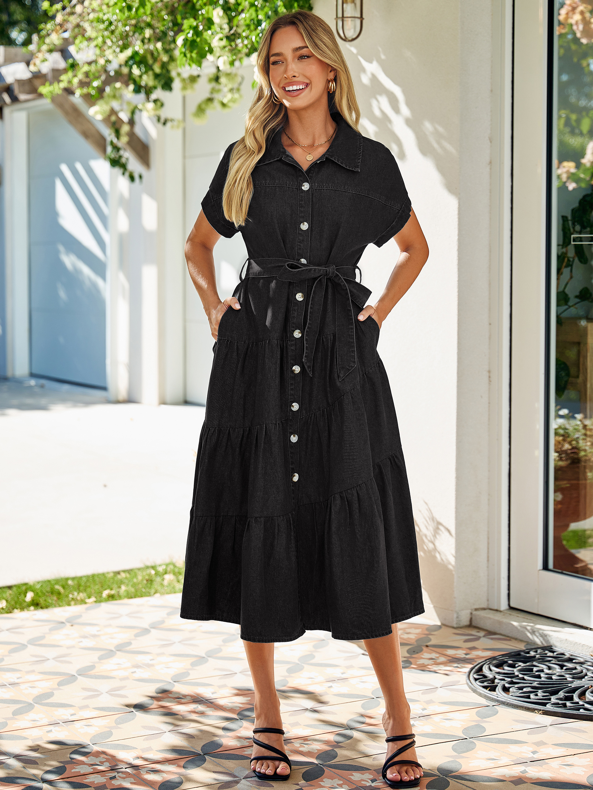 Short Sleeve Denim Belted Tiered Maxi Dress