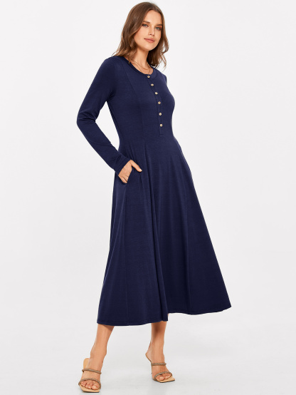 Rib Knit Long Sleeve A Line Midi Dress