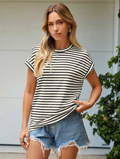 Striped Round Neck Cap Sleeve T-Shirt - Black Striped