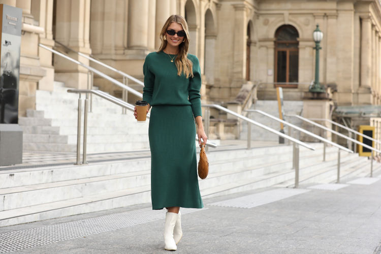 Ribbed Knit Crewneck Sweater Midi Skirt Set