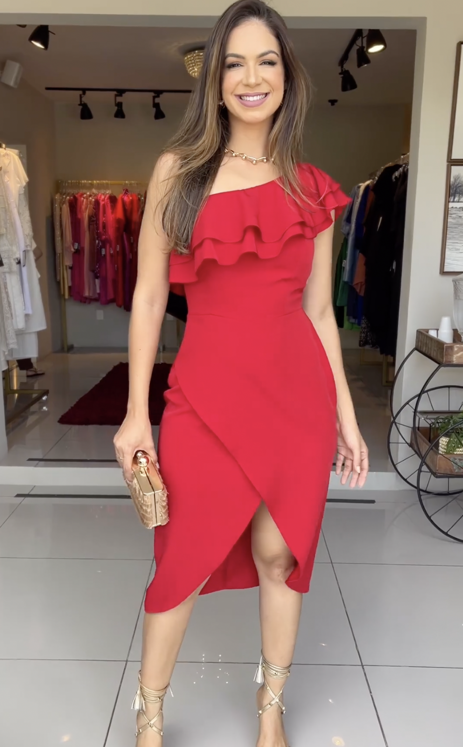 Classic Red One-shoulder Midi Dress