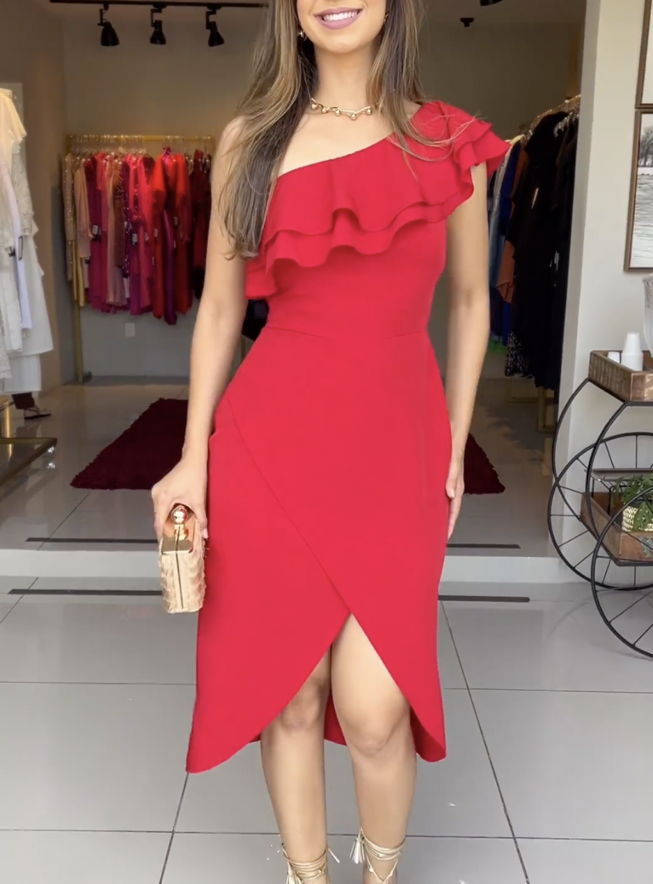 Classic Red One-shoulder Midi Dress