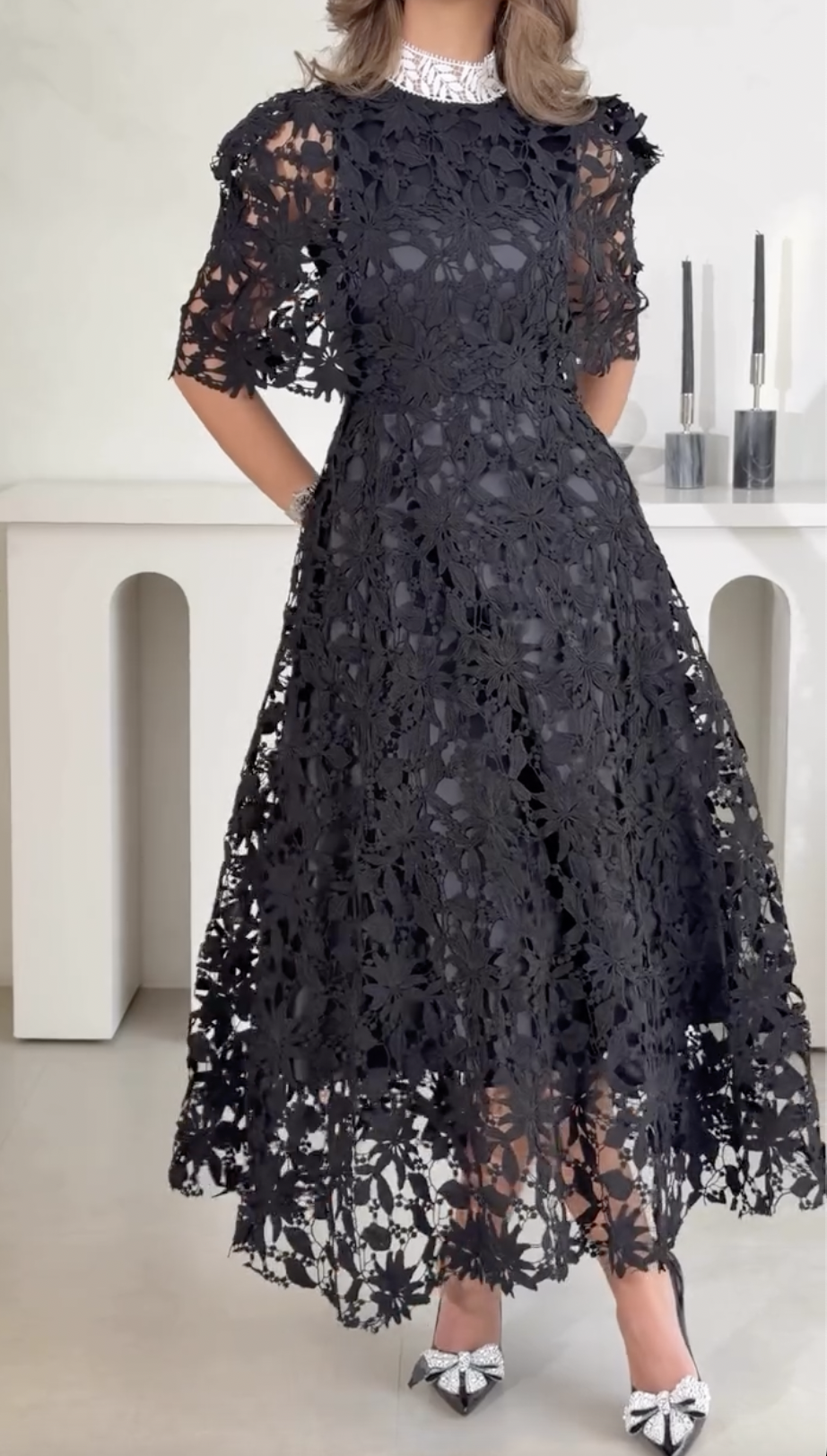 Elegant Lace Irregular Embroidered Black Midi Dress