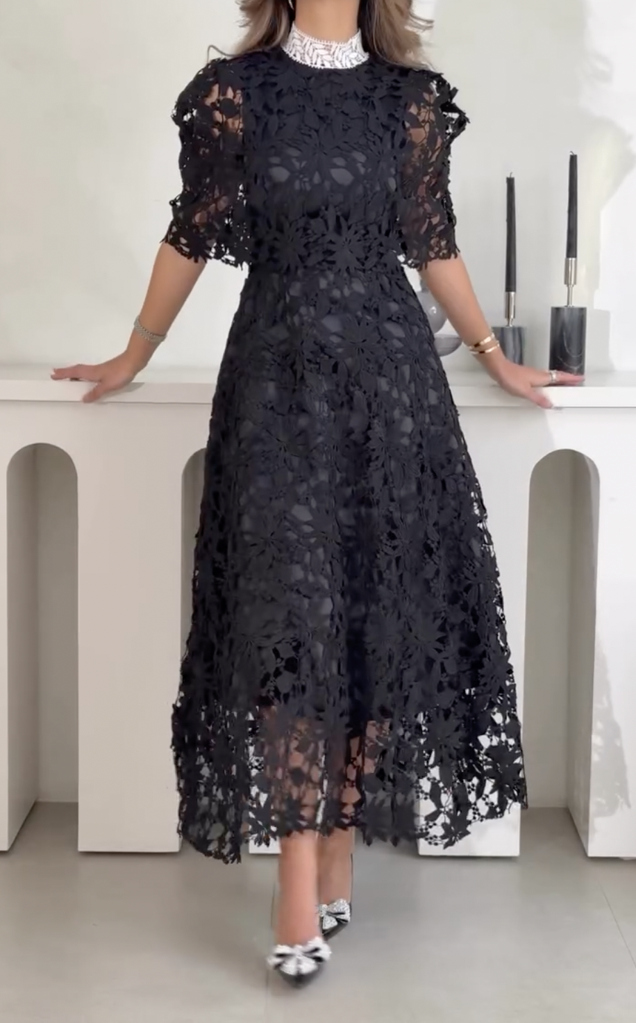Elegant Lace Irregular Embroidered Black Midi Dress