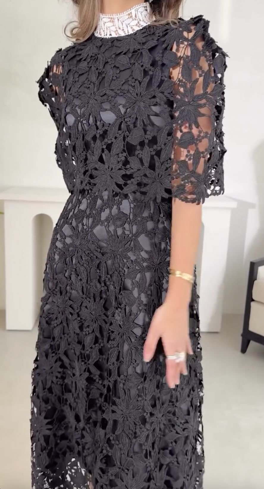 Elegant Lace Irregular Embroidered Black Midi Dress
