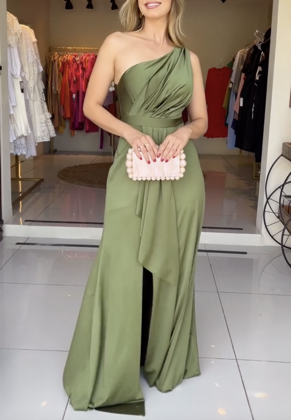 Olive-Green Flowing One-Shoulder Maxi Dress