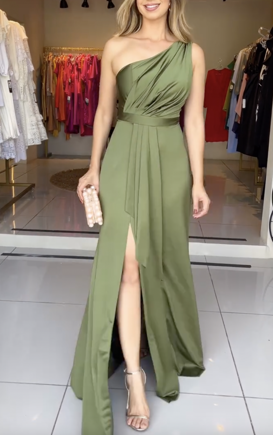 Olive-Green Flowing One-Shoulder Maxi Dress