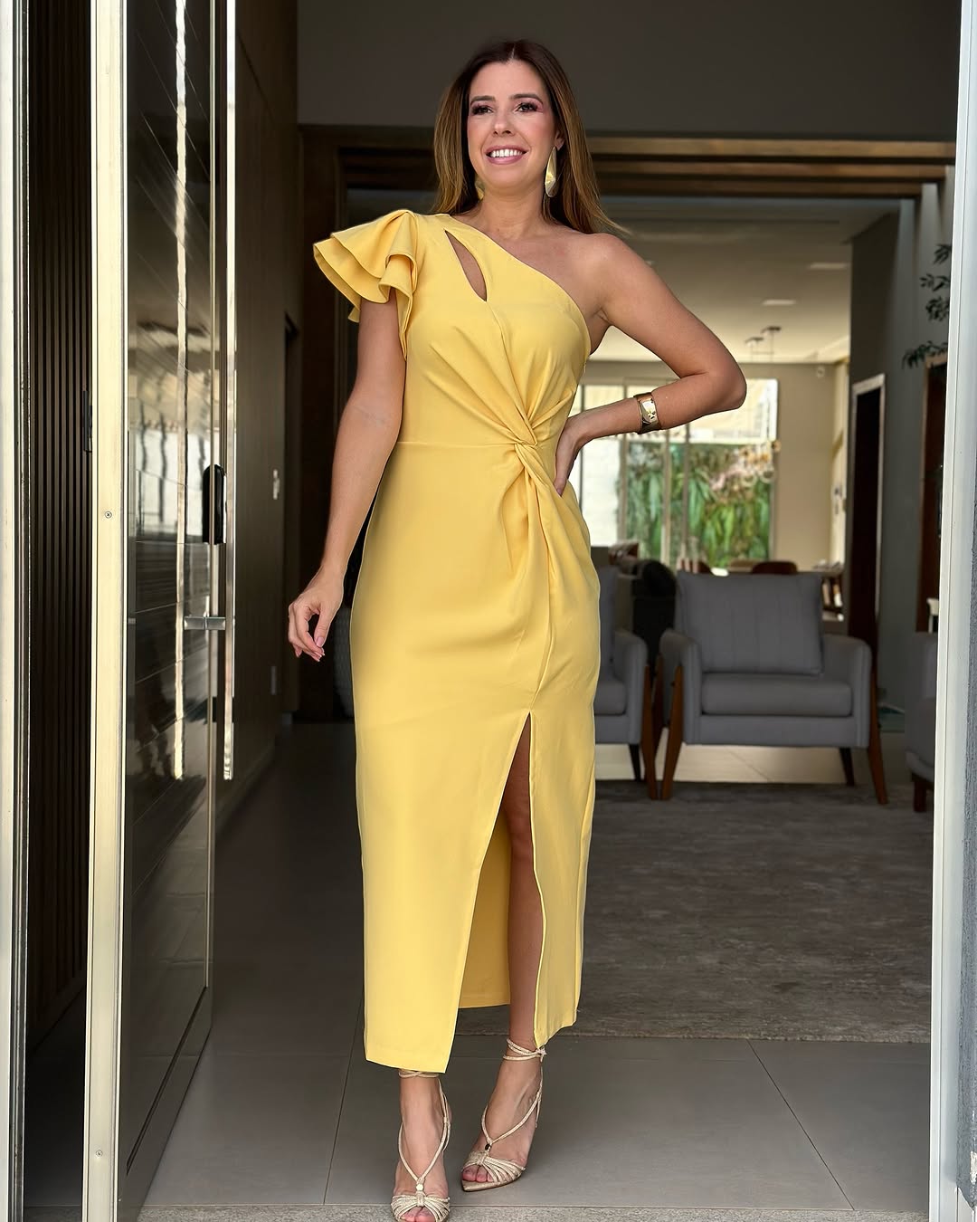 Yellow One-Shoulder Locking Eyelet Midi Dress