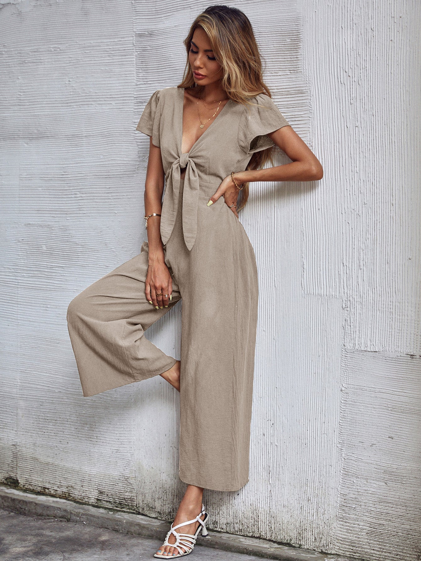 TOMMY BOW LINEN BLEND JUMPSUIT - APRICOT