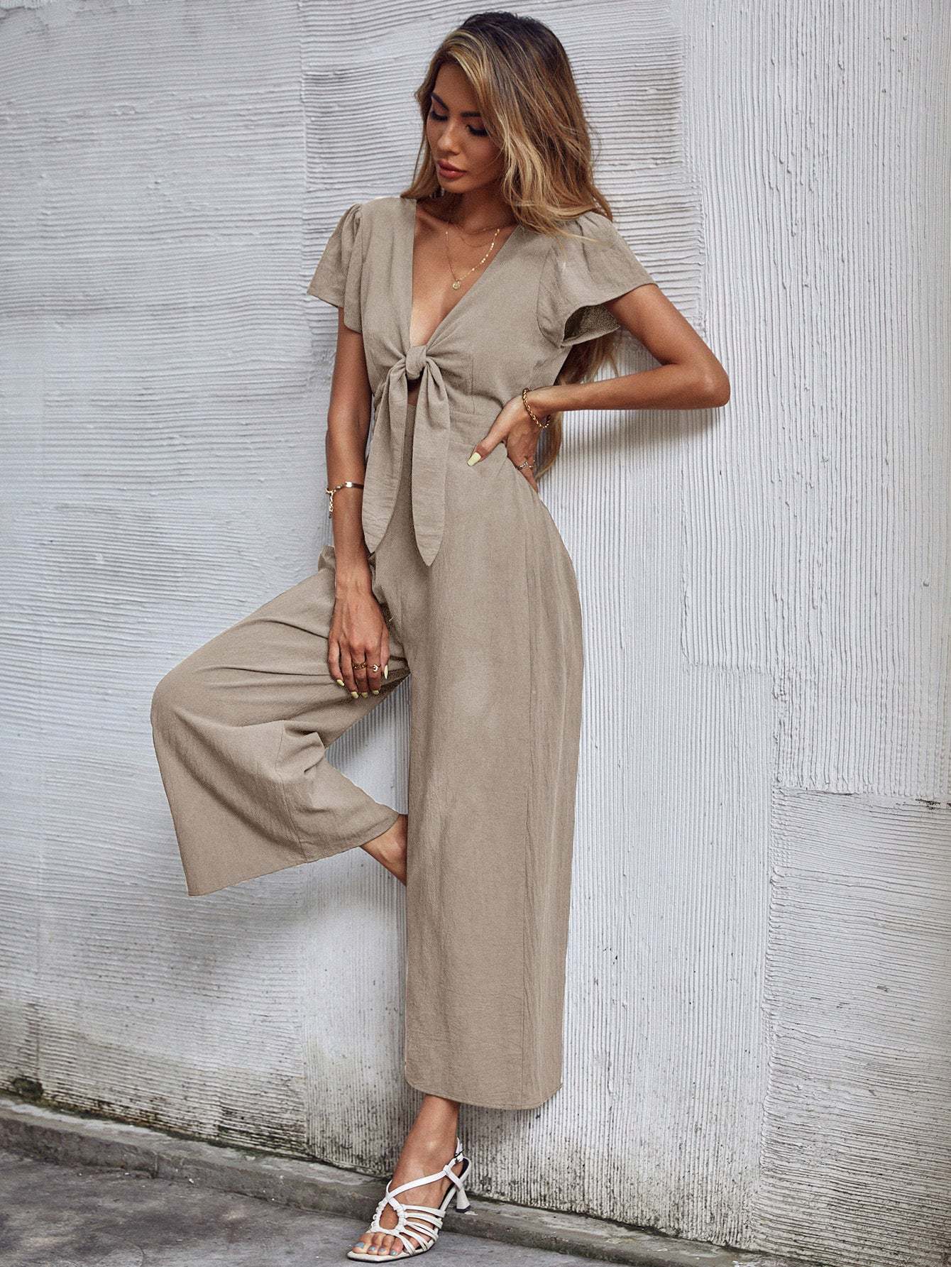 TOMMY BOW LINEN BLEND JUMPSUIT - APRICOT