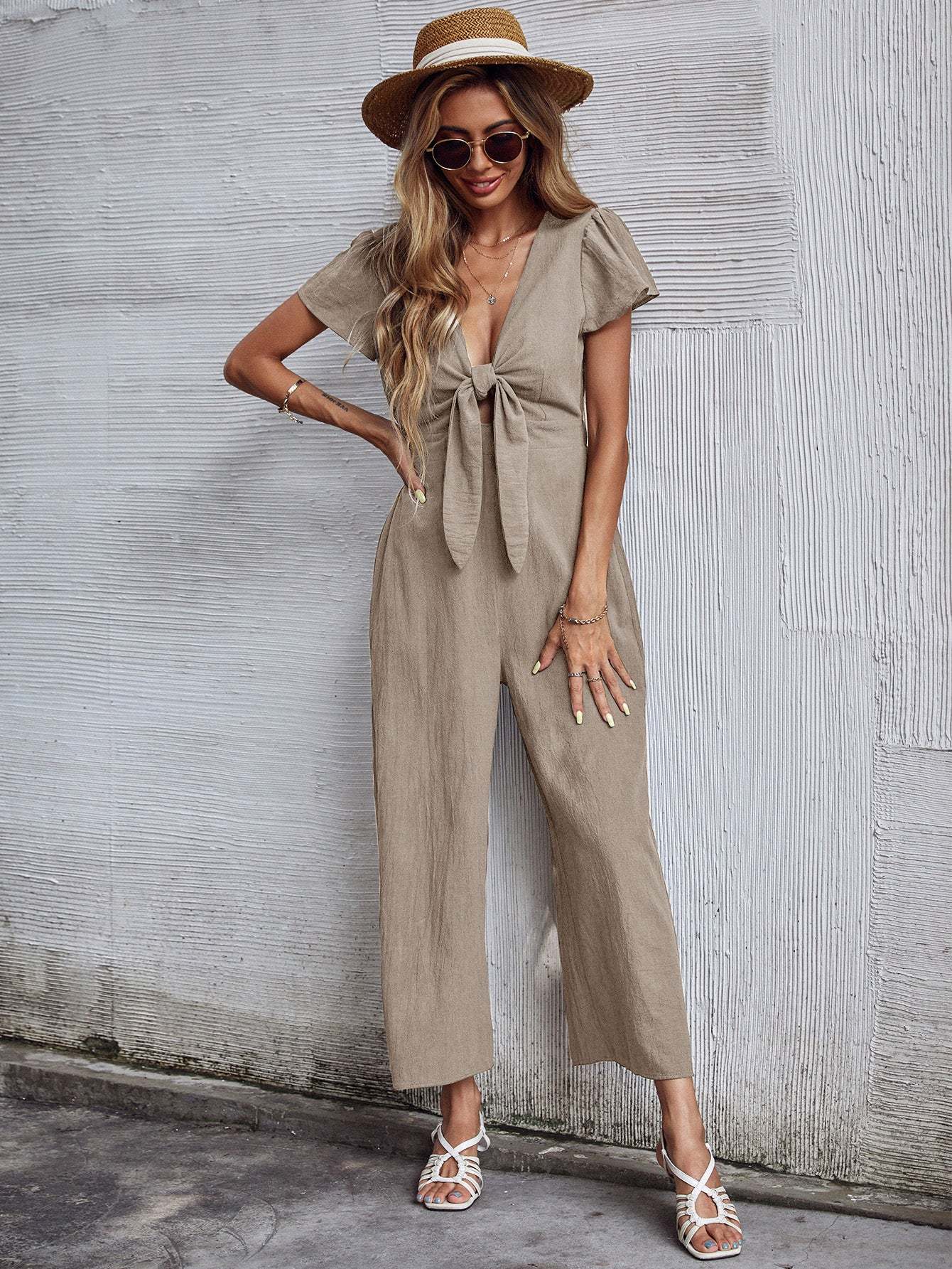 TOMMY BOW LINEN BLEND JUMPSUIT - APRICOT