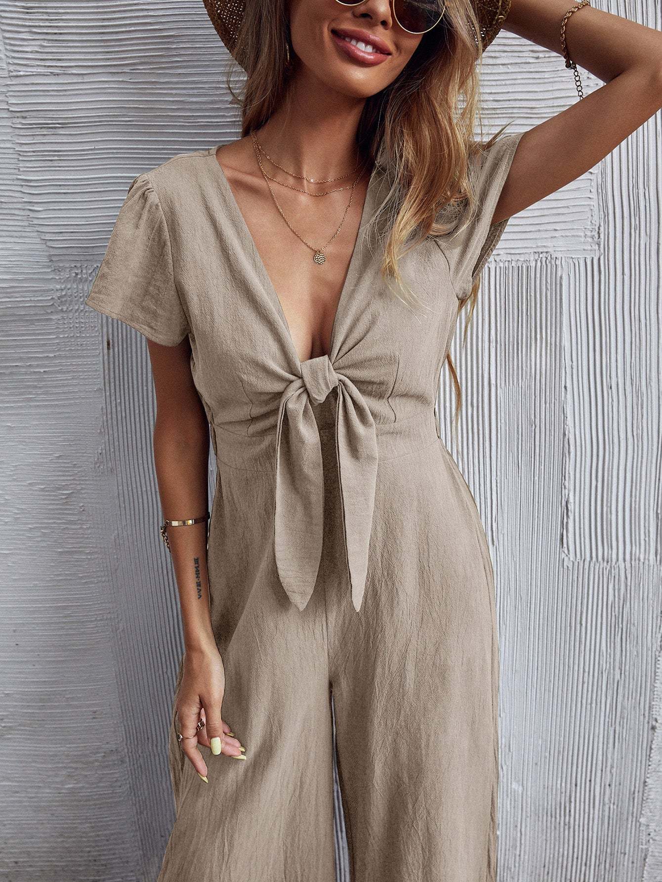 TOMMY BOW LINEN BLEND JUMPSUIT - APRICOT