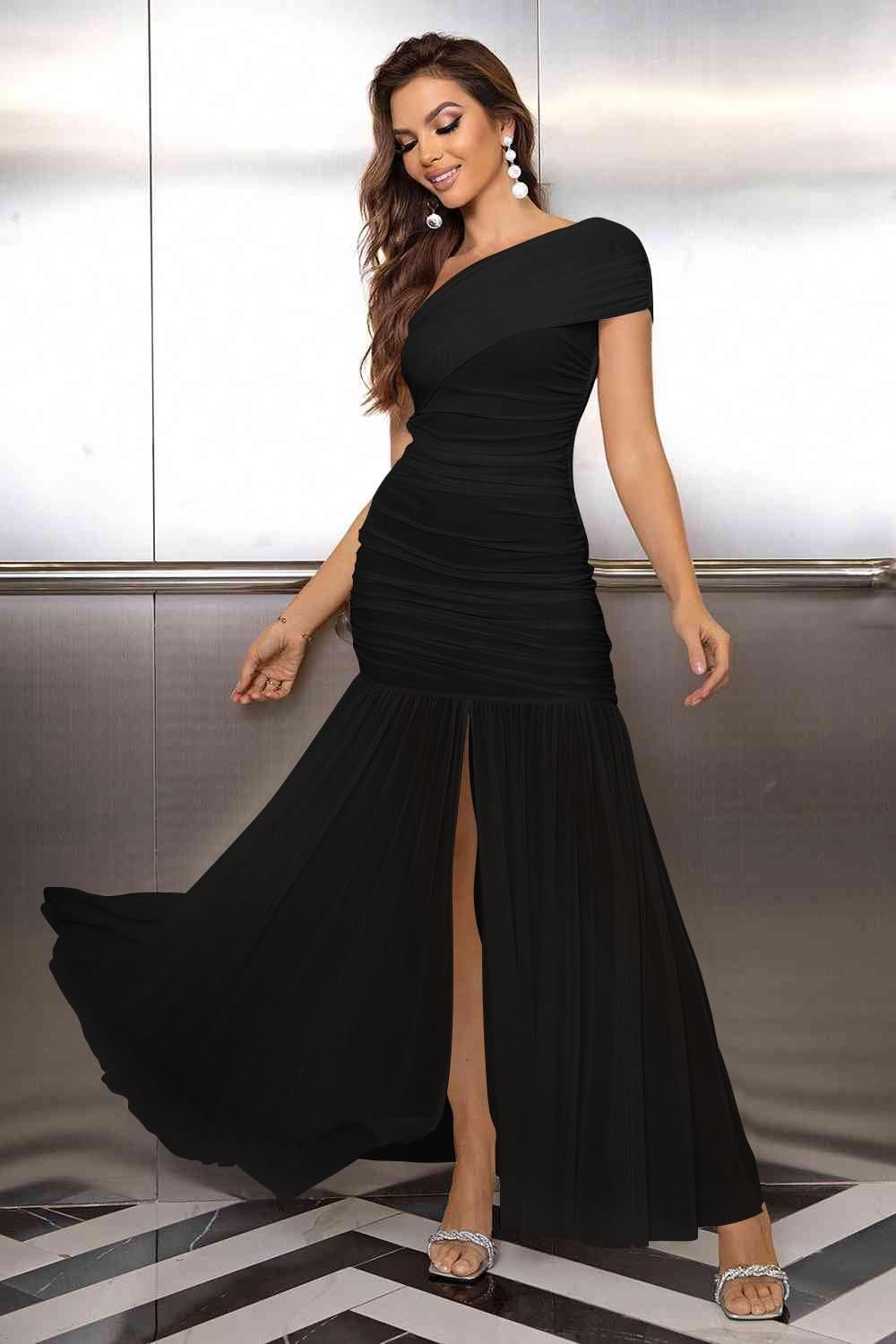 Elegant One Shoulder Sleeveless Ruched Bodycon Maxi Dress