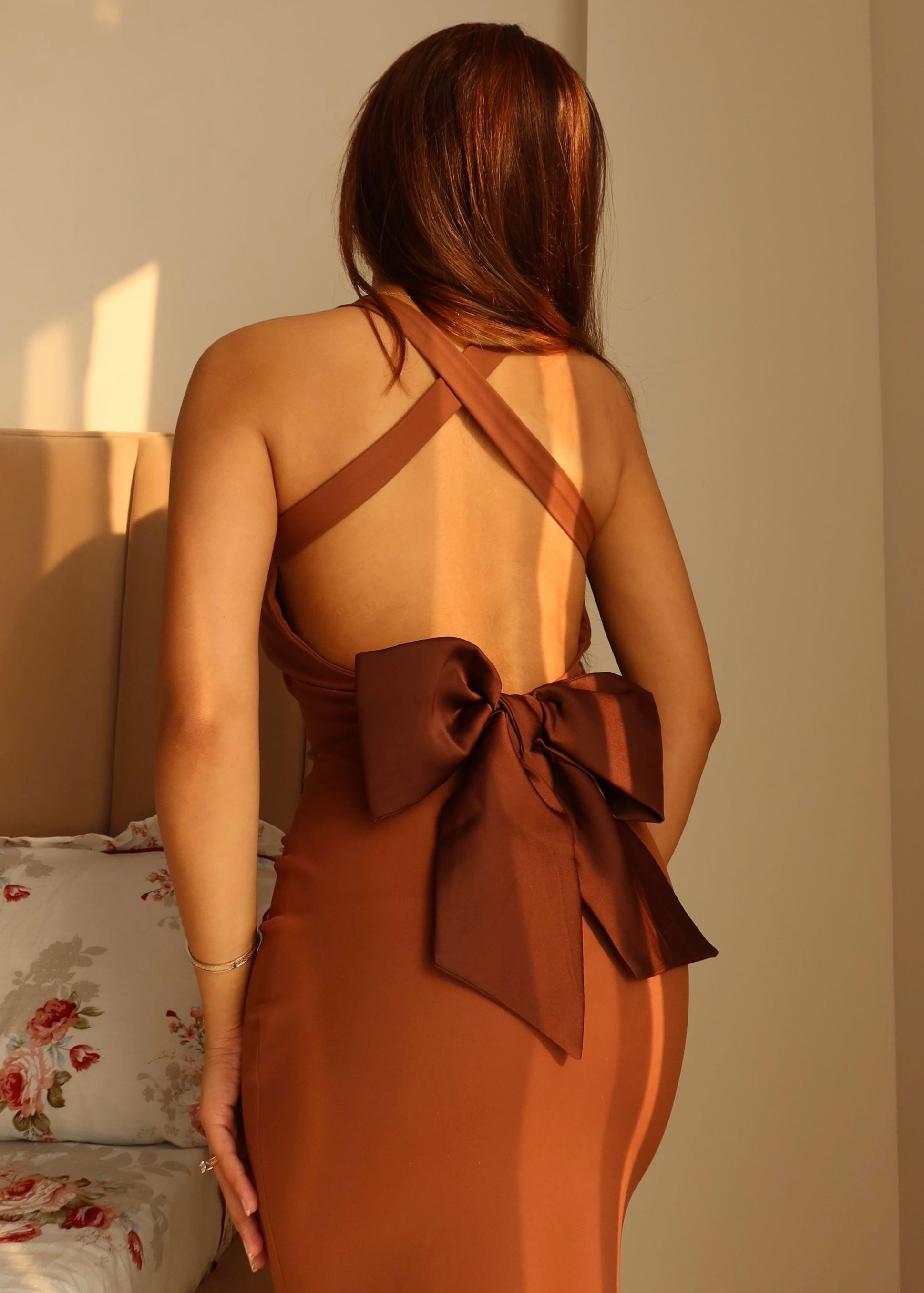 Rust Brown Opera Bow Backless Maxi Dress
