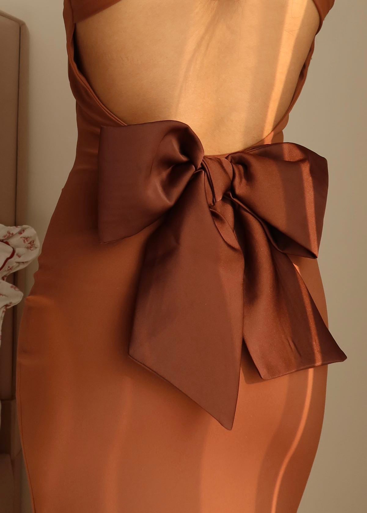 Rust Brown Opera Bow Backless Maxi Dress