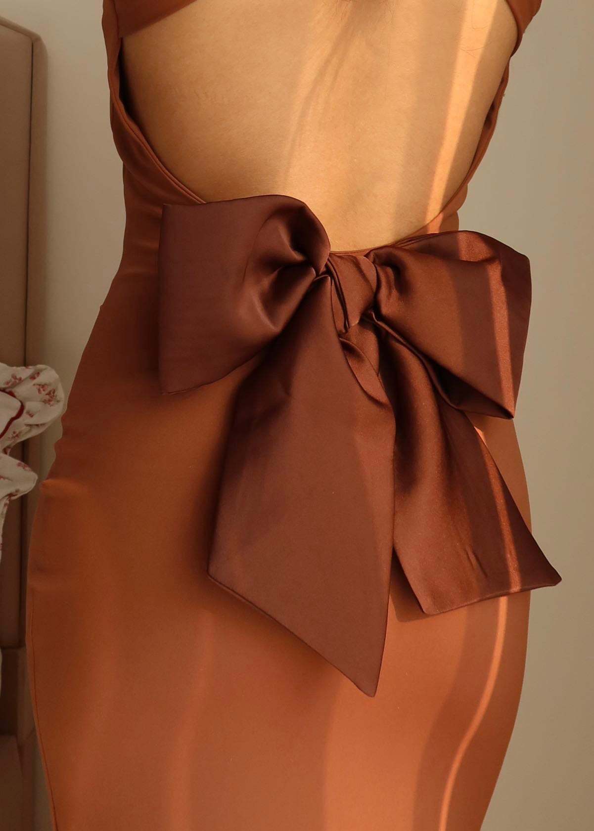 Rust Brown Opera Bow Backless Maxi Dress