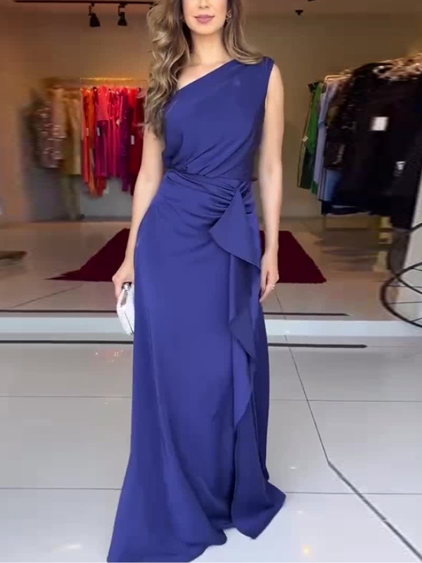 Elegant Dark Blue One Shoulder Sleeve Irregular Maxi Dress