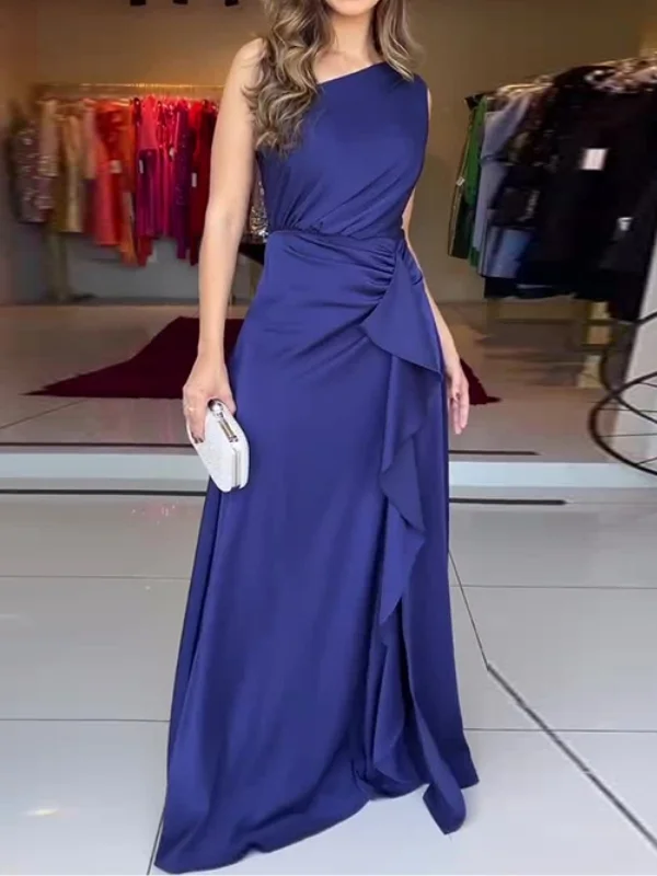 Elegant Dark Blue One Shoulder Sleeve Irregular Maxi Dress