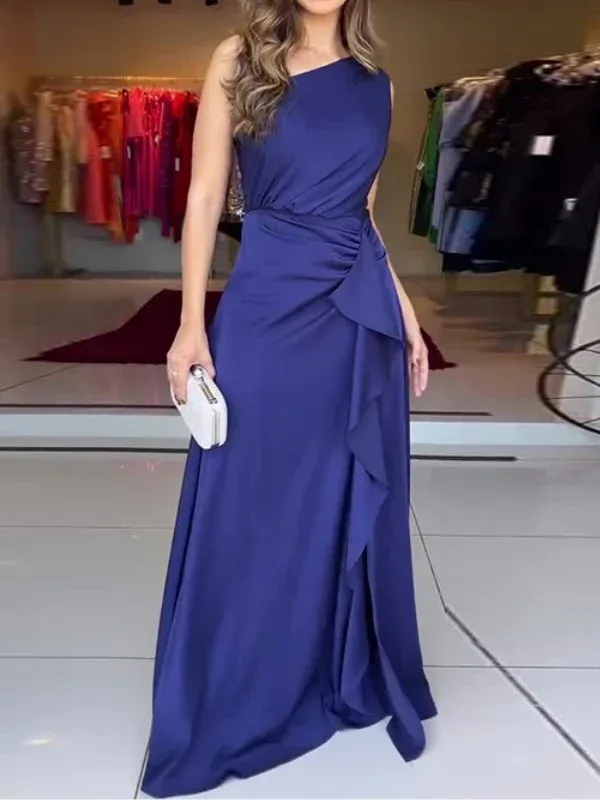 Elegant Dark Blue One Shoulder Sleeve Irregular Maxi Dress
