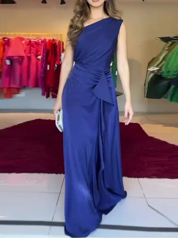 Elegant Dark Blue One Shoulder Sleeve Irregular Maxi Dress