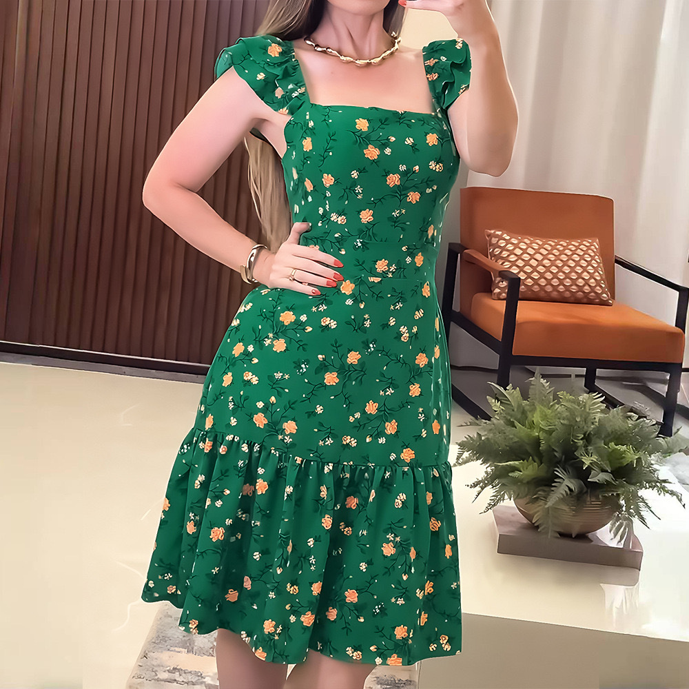 Trendy Green Printed Sleeveless Midi Dress