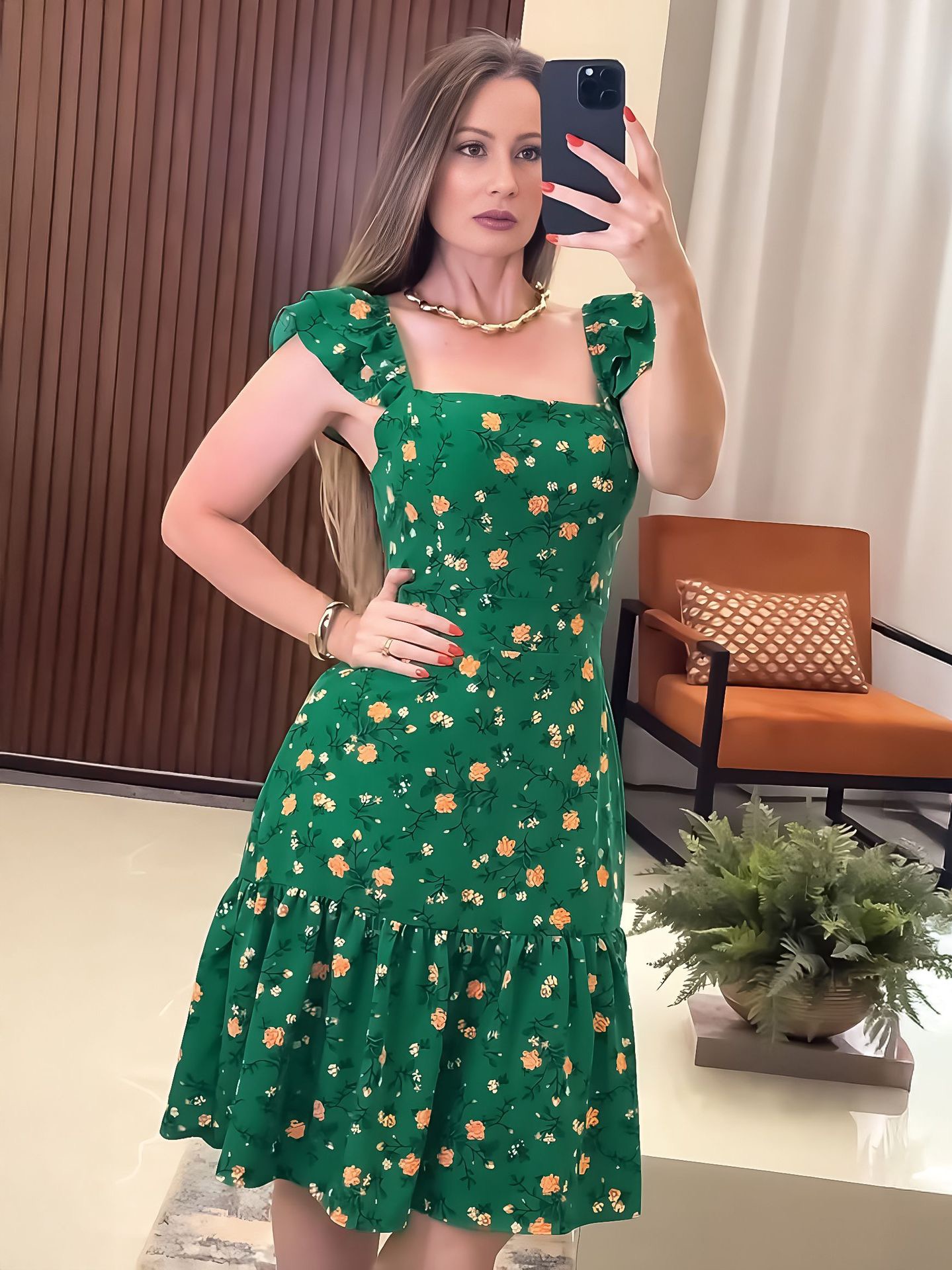Trendy Green Printed Sleeveless Midi Dress