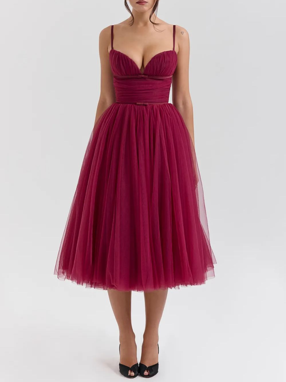 Elegant Cabernet Tulle Midi Dress
