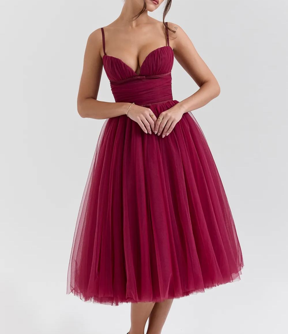 Elegant Cabernet Tulle Midi Dress