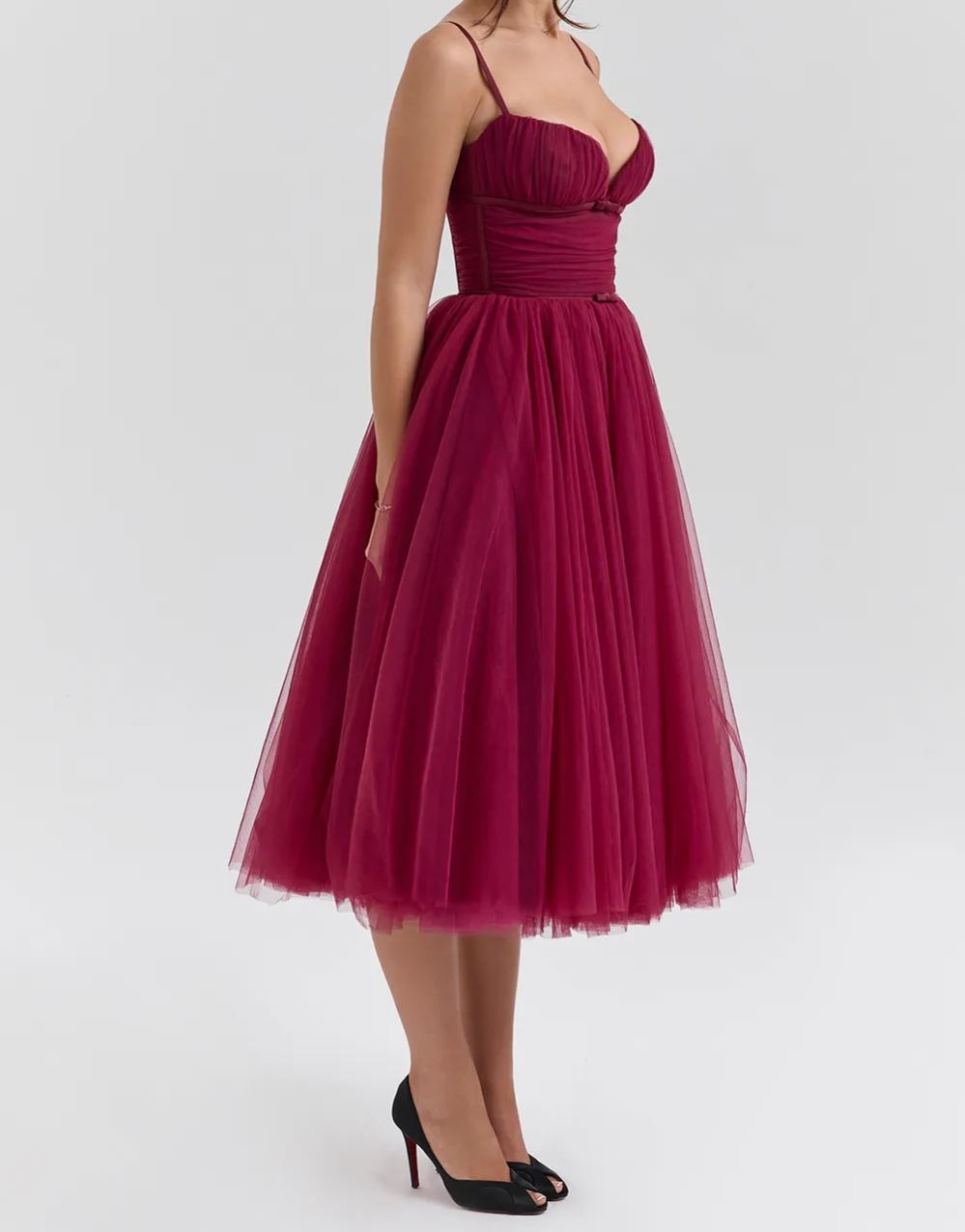 Elegant Cabernet Tulle Midi Dress