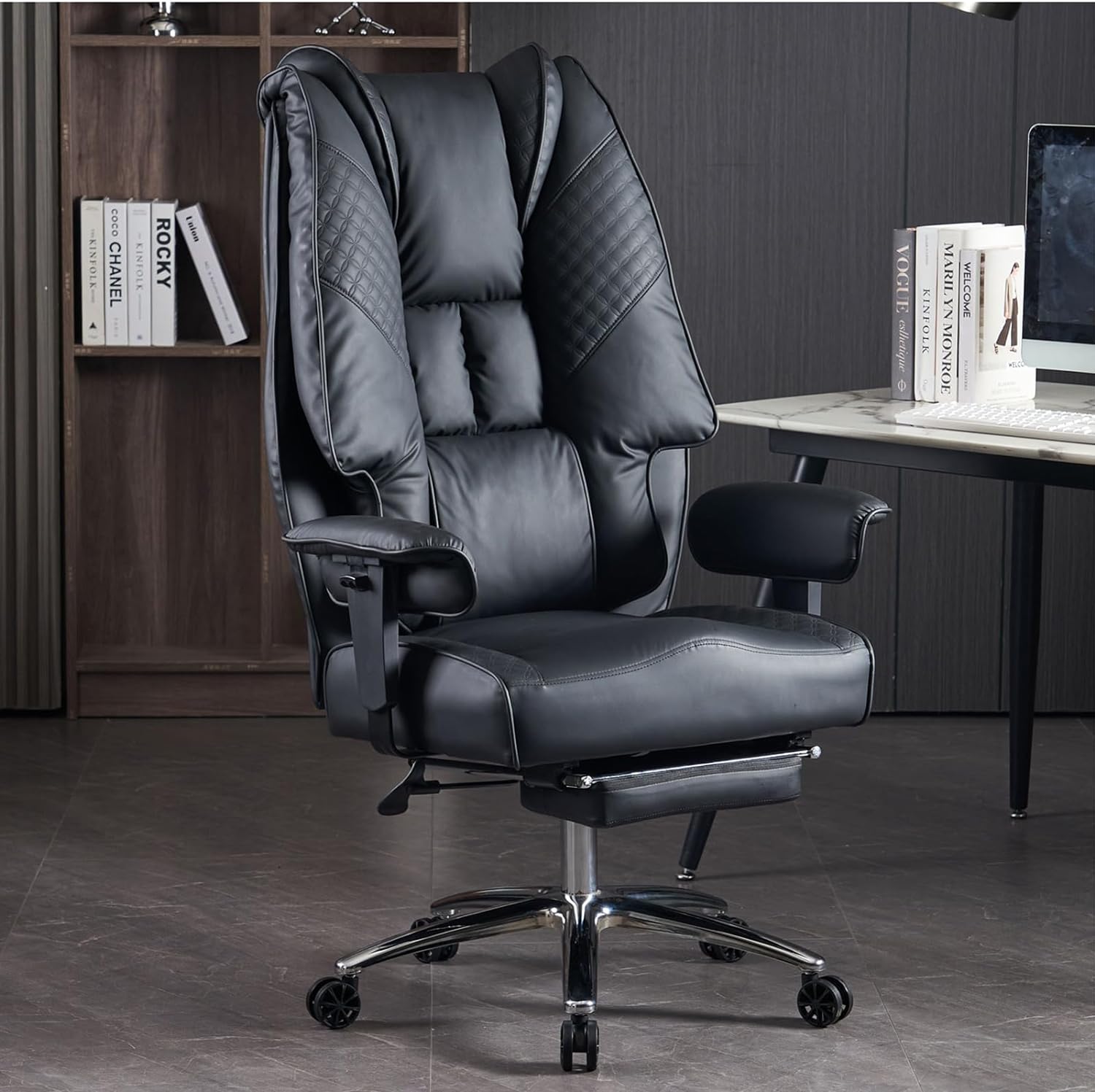 Large Tall Office Chair 400 lbs Wide Seat, Leather High Back Executive