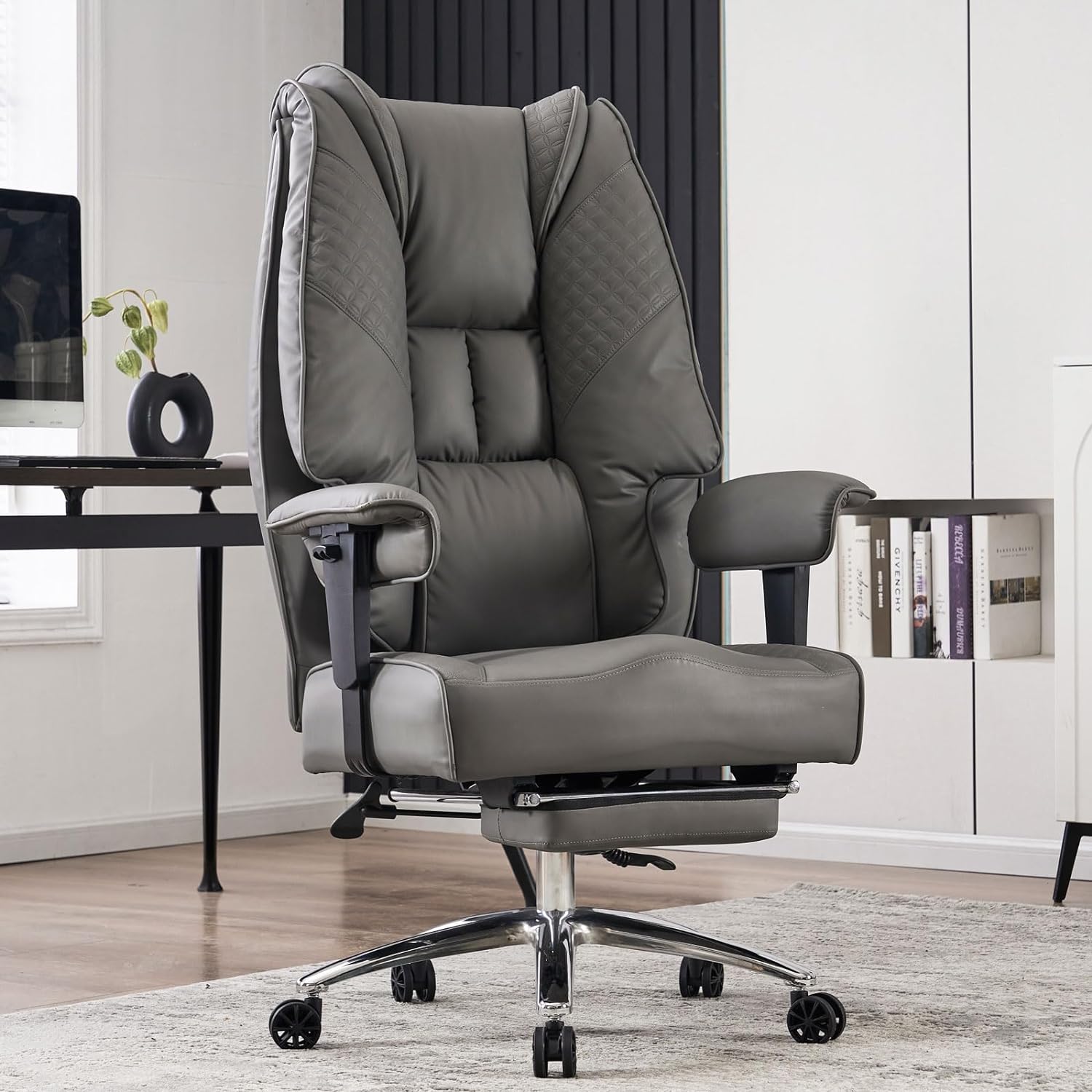 Large Tall Office Chair 400 lbs Wide Seat, Leather High Back Executive