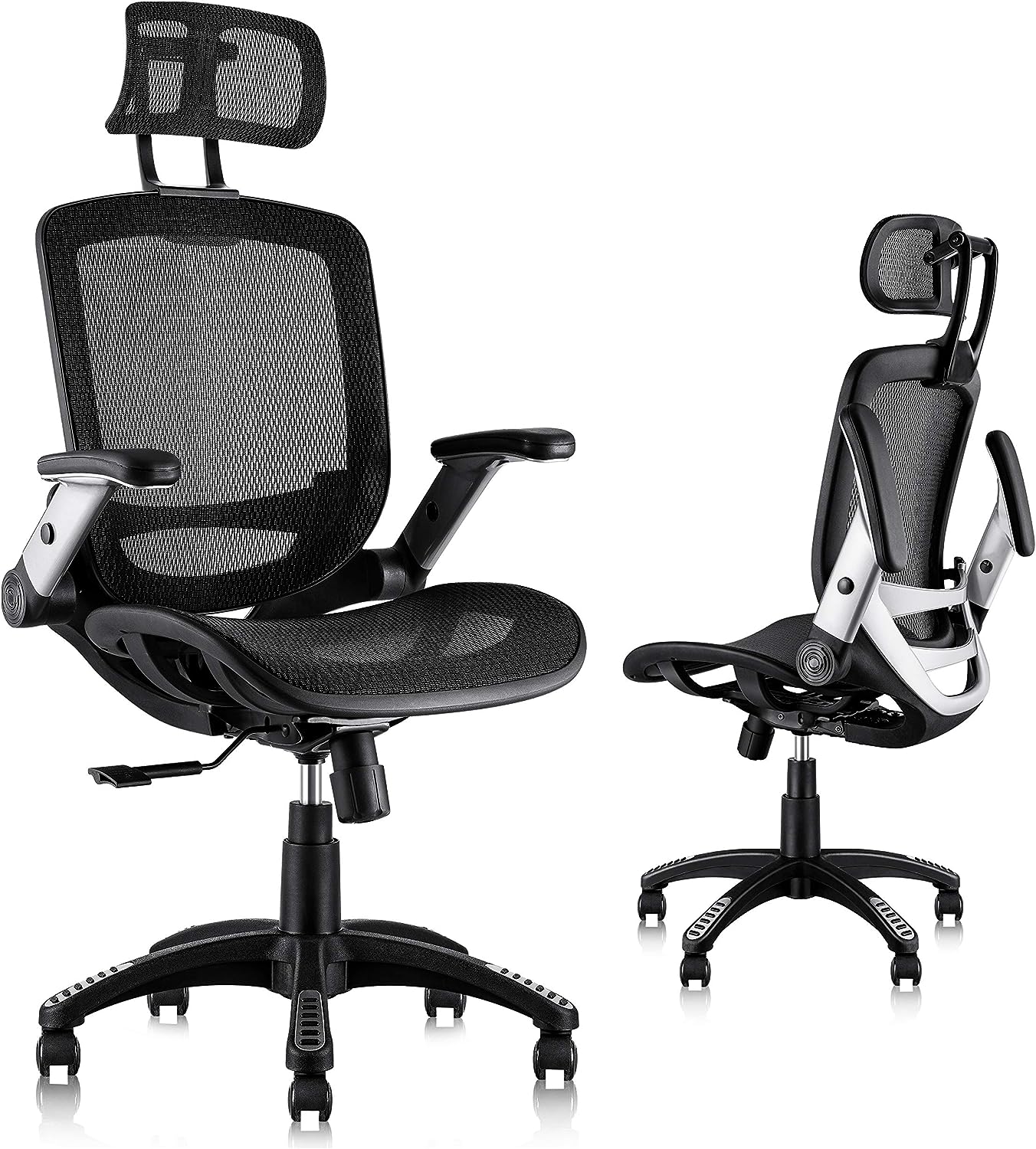 Ergonomic Mesh Office Chair, High Back Desk Chair - Adjustable Headrest with Flip Arm, Tilt Function, Lumbar Support and PU Wheels, Swivel Computer Work Chair