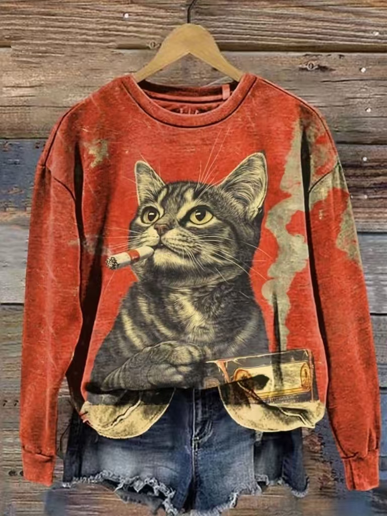 Retro Smoking Cat Art Print Unisex Classic T-shirt