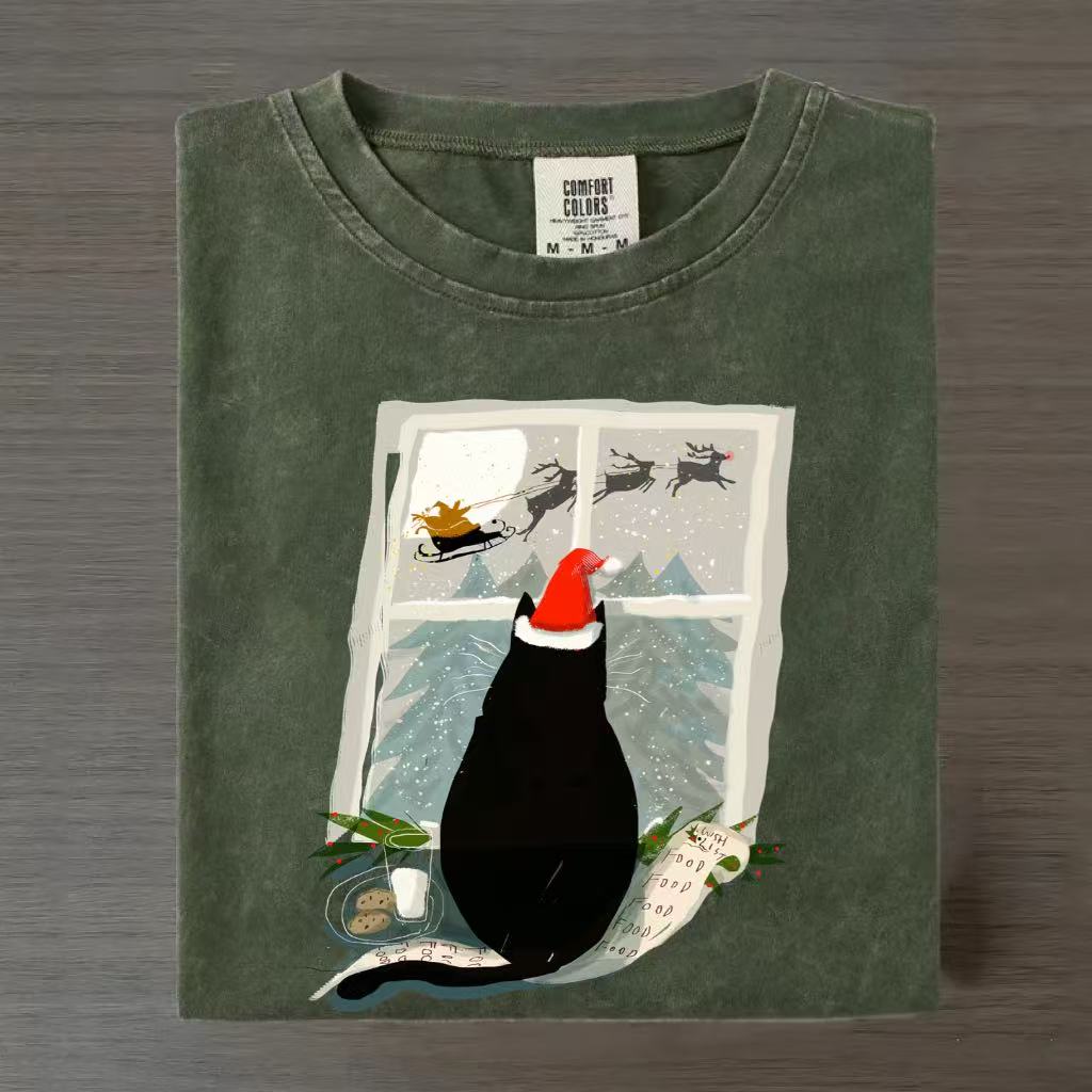 Christmas Black Cat Watching Santa Graphic T-Shirt