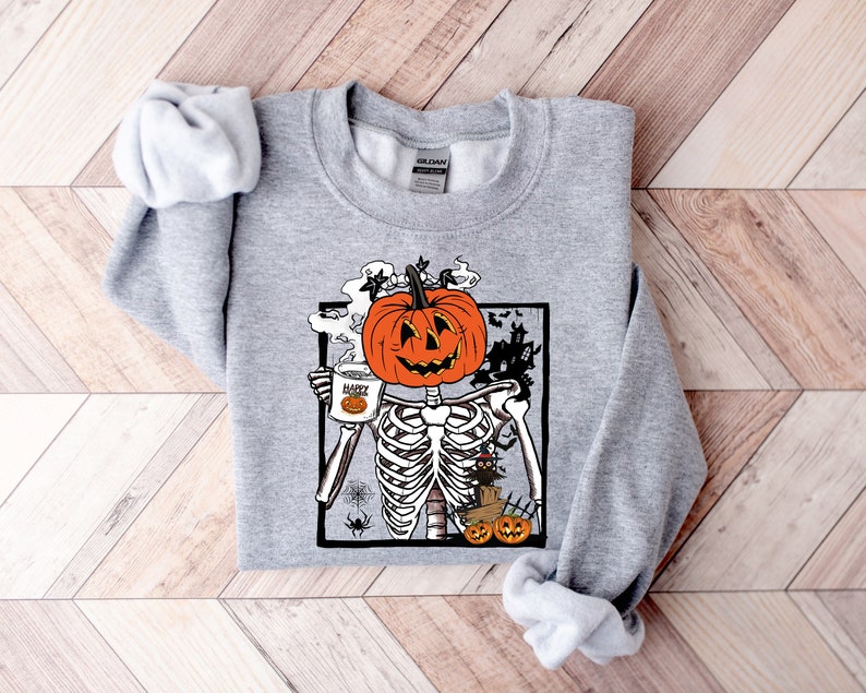 “Pumpkin - Head Skeleton with Coffee” Halloween Sweatshirt