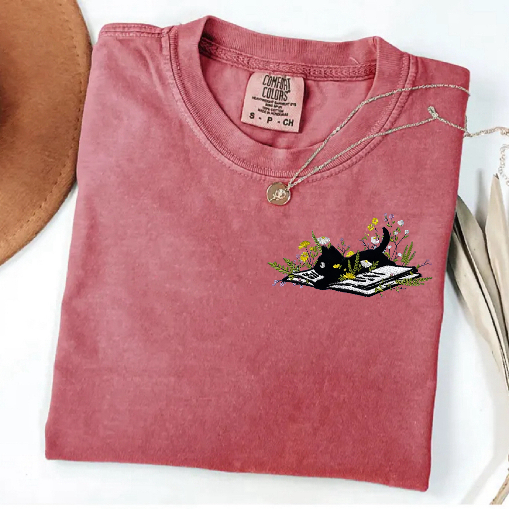 Embroidery Bookish Cat T-Shirt