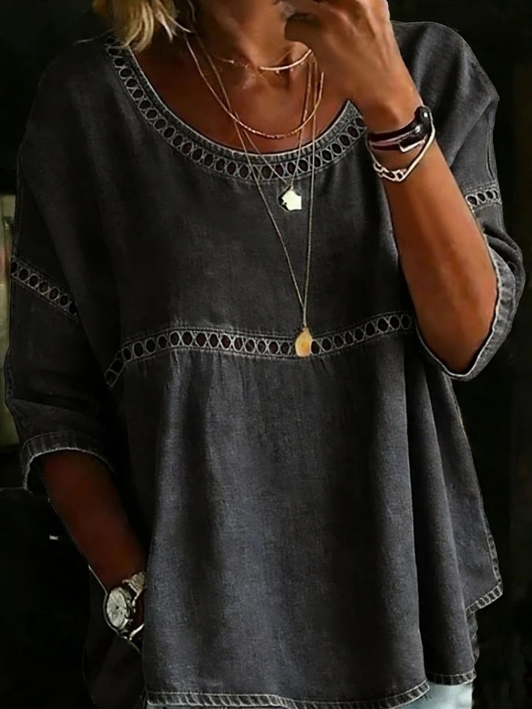 Women's Solid Color Casual Loose Denim Blouse Shirt
