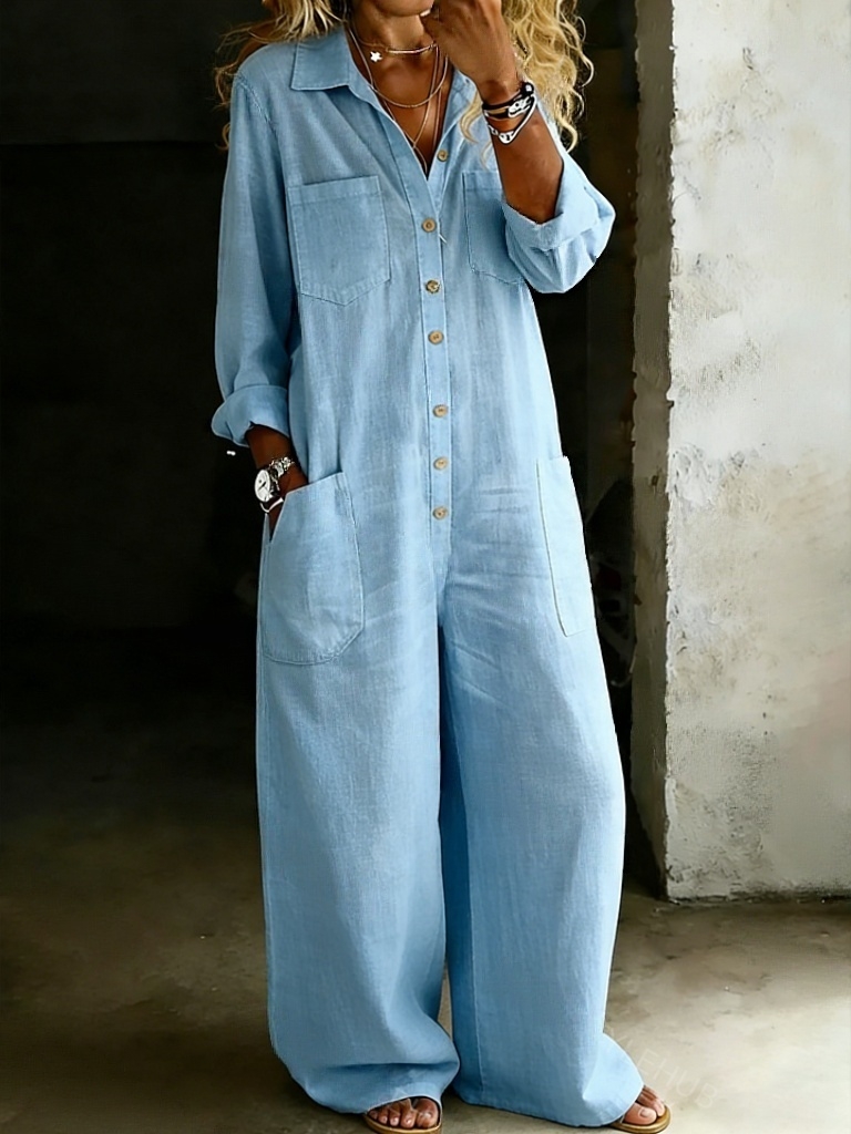 Women's Solid Color Cozy Casual Cotton and Linen Shirt Jumpsuit