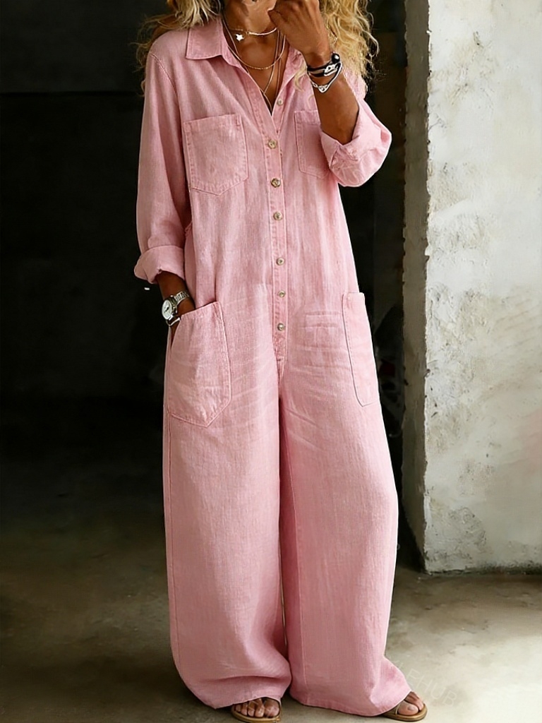 Women's Solid Color Cozy Casual Cotton and Linen Shirt Jumpsuit
