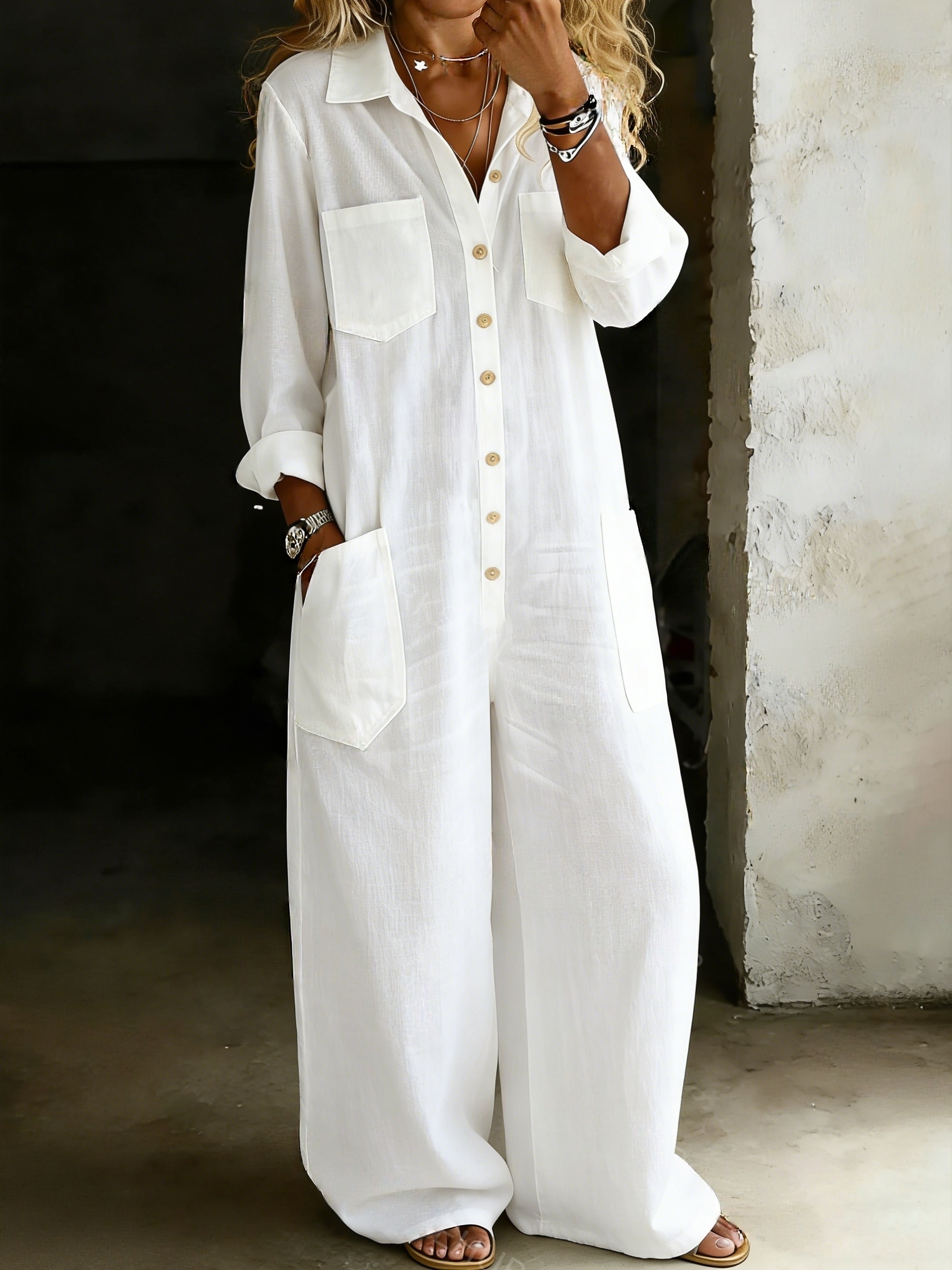 Women's Solid Color Cozy Casual Cotton and Linen Shirt Jumpsuit