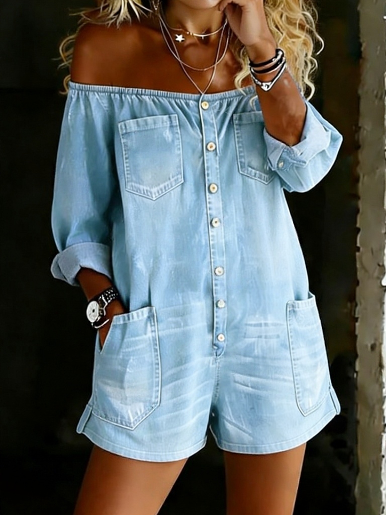 Women’s Fashion Vintage Off-shoulder Long Sleeve Jumpsuit Shorts