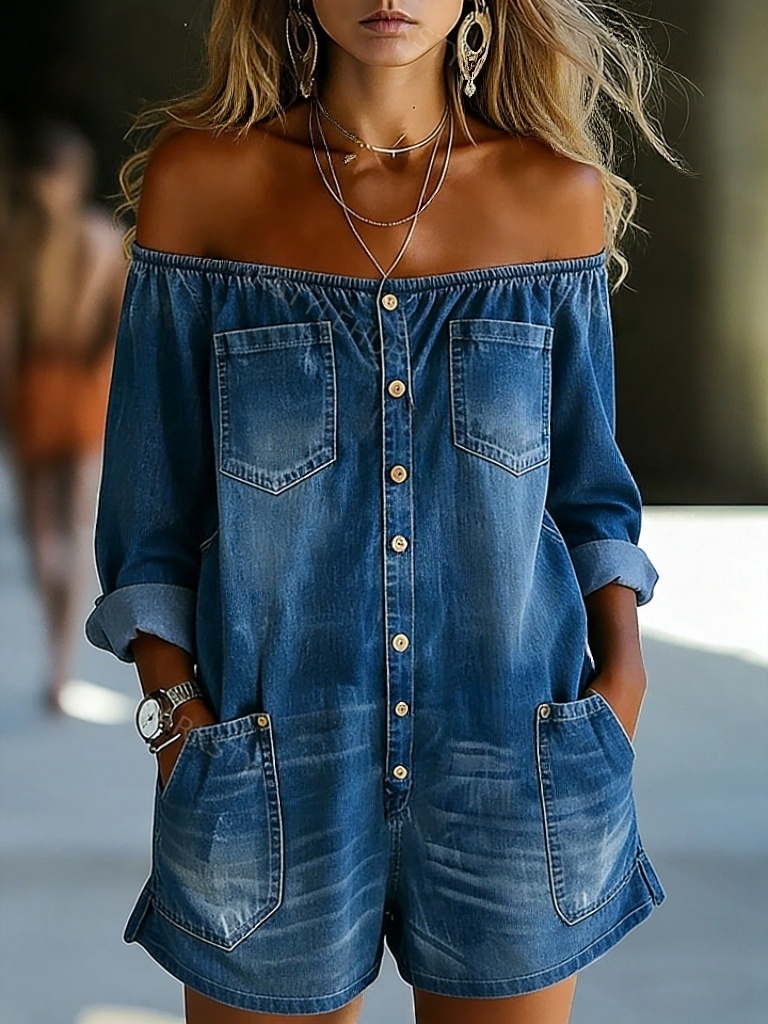 Women’s Fashion Vintage Off-shoulder Long Sleeve Jumpsuit Shorts